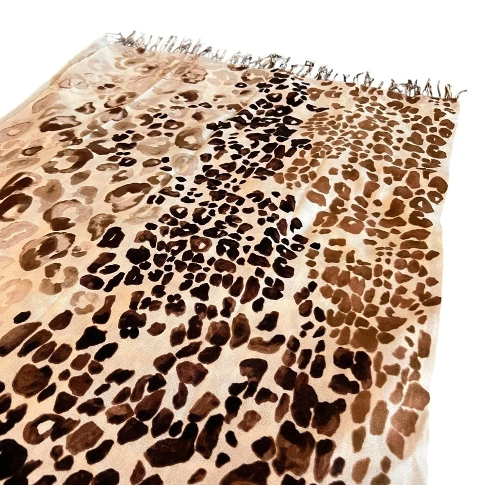Leopard Print Fringe Scarf Wrap Shawl Neutral Tan Brown Animal Print
